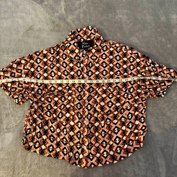 nina parker plus short blouse rayon button front crop top M205 orange red black - Picture 6 of 9